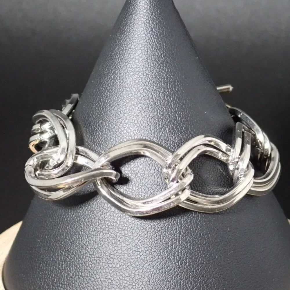 Double Chain Link Silver Tone Bangle Bracelet Toggle Clasp 7.5